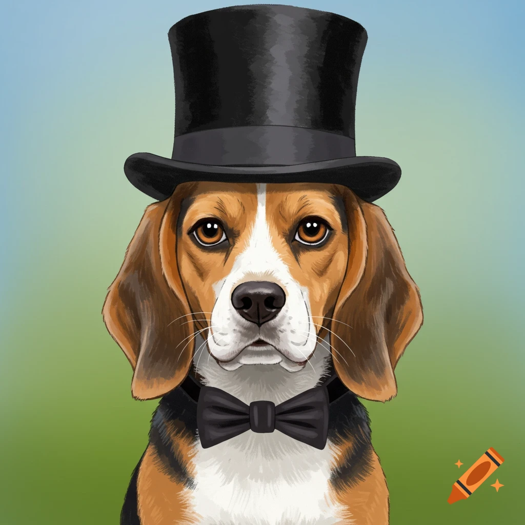 A Beagle dog wearing a black top hat and bow tie.