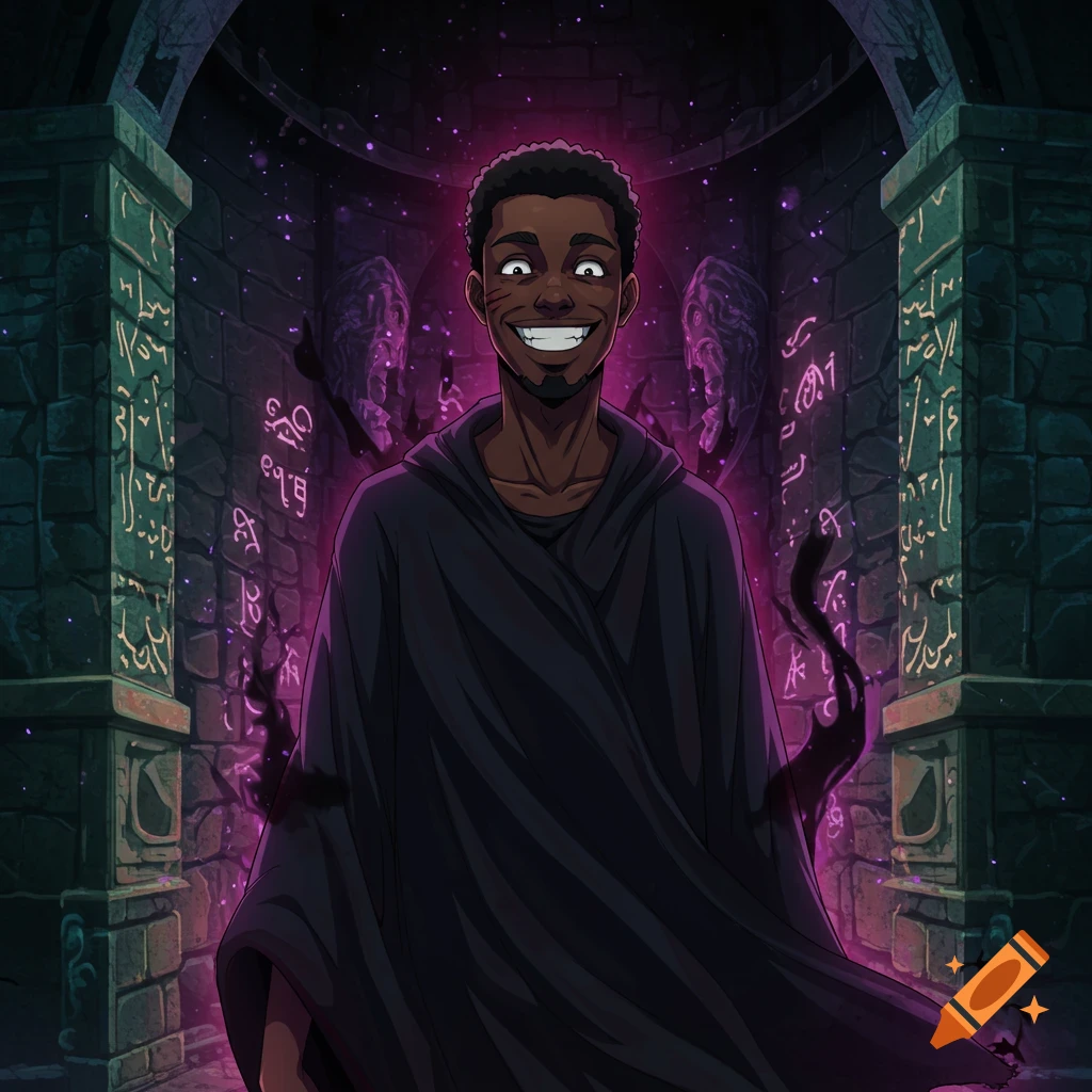 Anime drawing of a smiling man in a dark robe in a magical dungeon with glowing symbols.