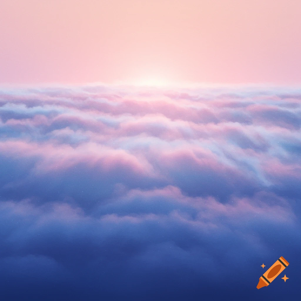Pink and blue clouds from above, lit by a bright horizon.