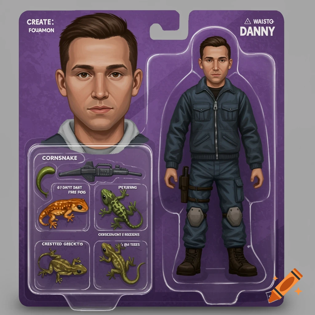Action figure toy packaging with a figure, portrait, and accessories.