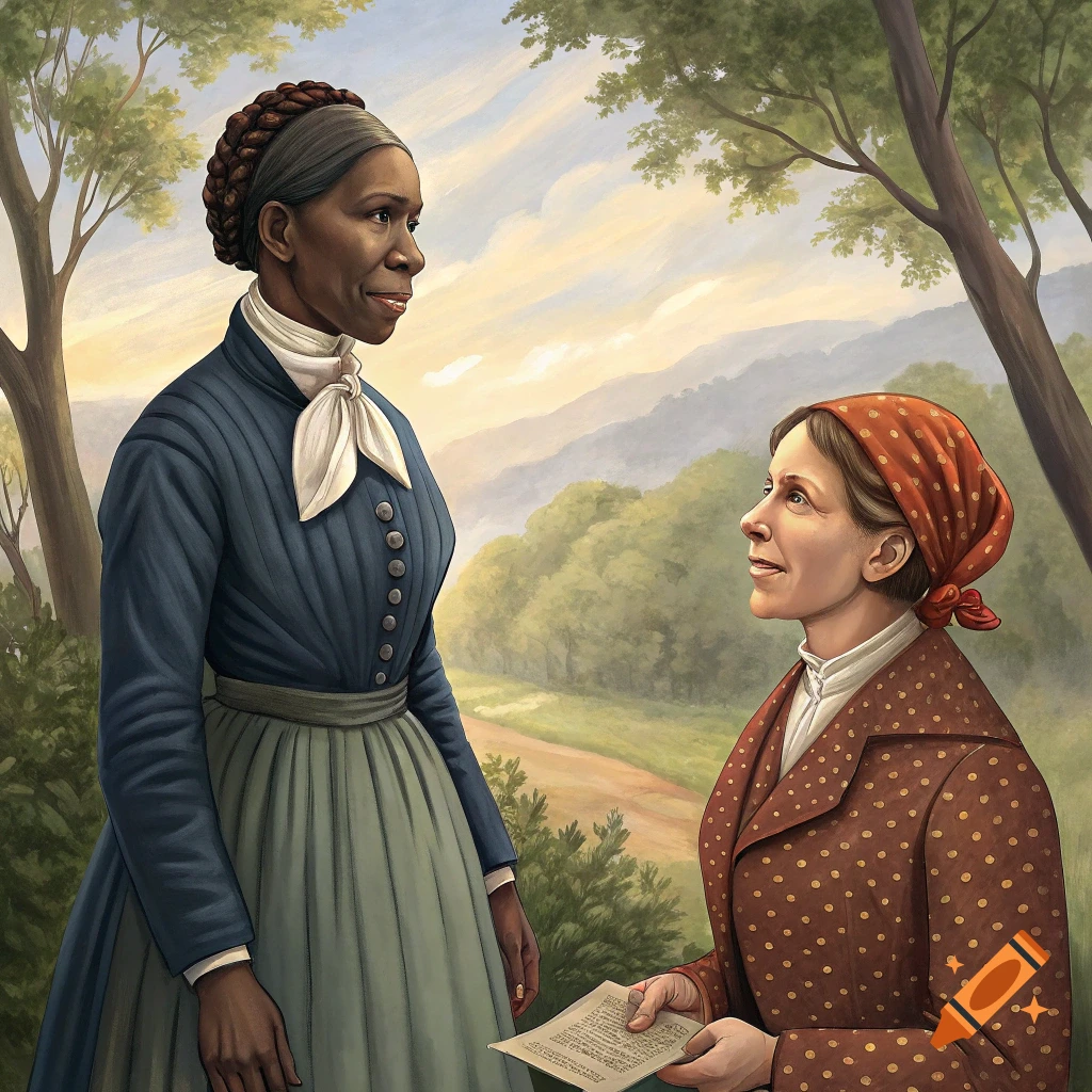 Two women in historical dresses stand outdoors, one holding a paper, in a painterly style.