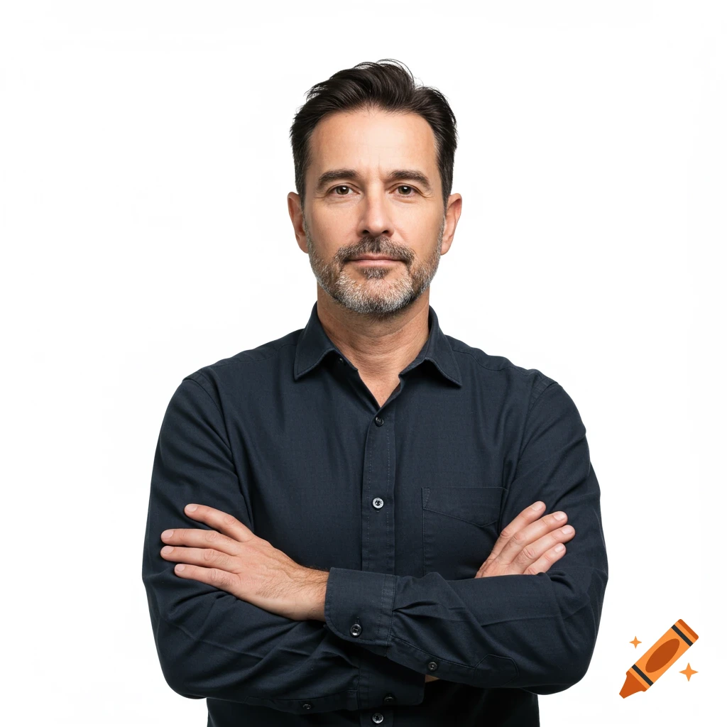 Portrait of a man with crossed arms on a white background.
