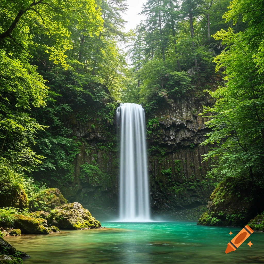 A tall waterfall cascades into a bright turquoise pool in a lush green forest.