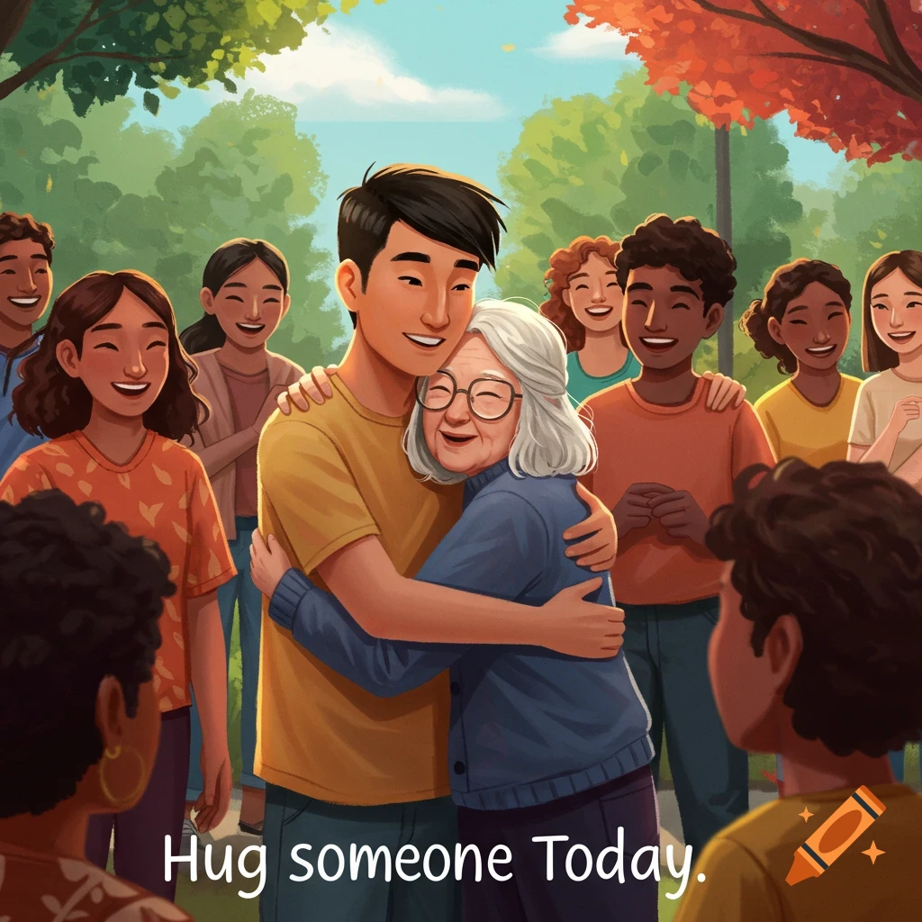 A young man hugging an older woman, surrounded by smiling people in a park, with text 'Hug someone Today.'
