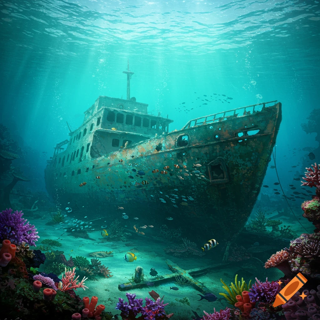 A sunken ship rests on the ocean floor, surrounded by colorful coral reefs and schools of fish.
