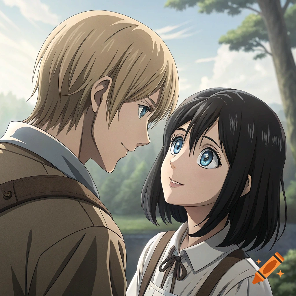 Two anime characters, a man and a woman, look at each other in a park setting.