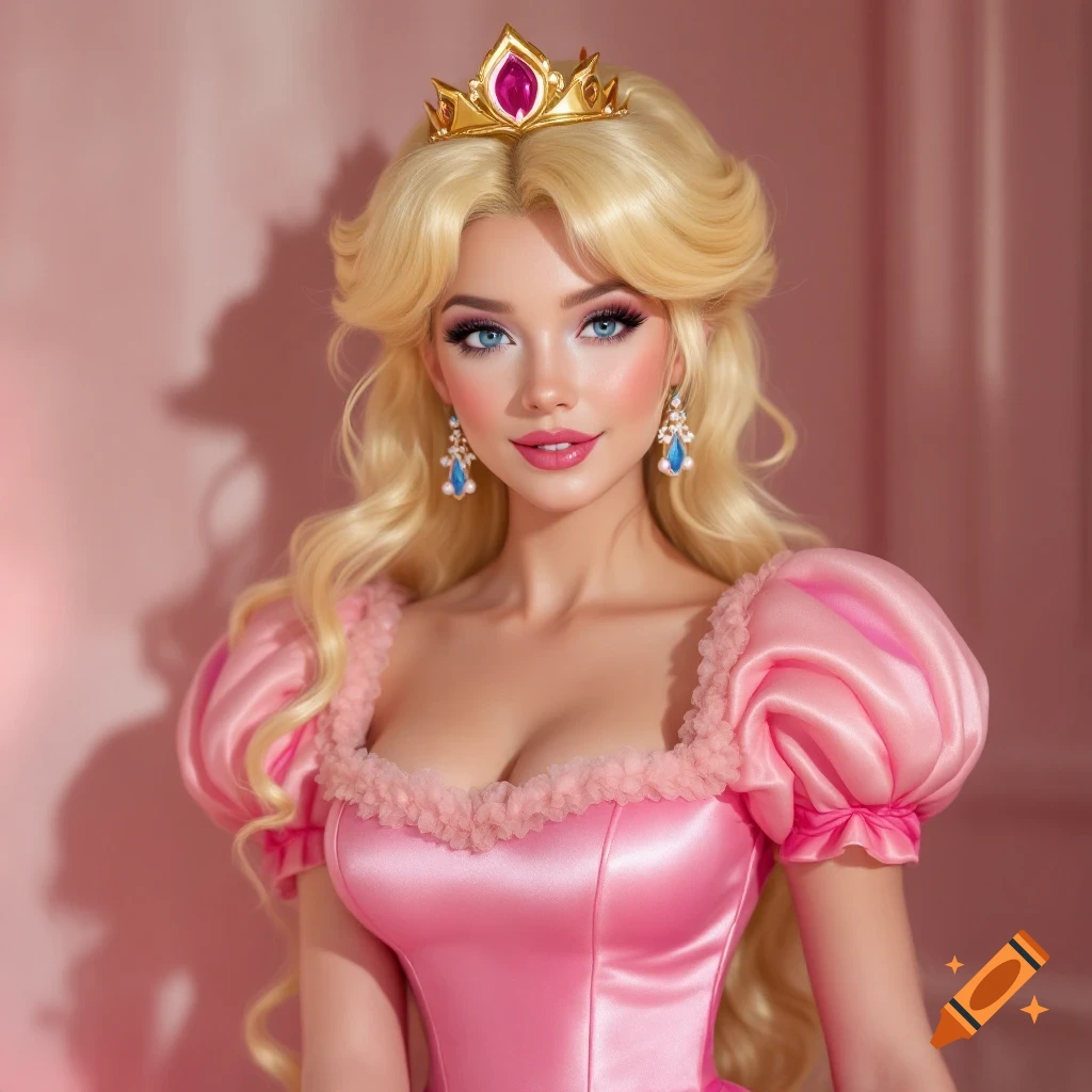 A woman dressed as Princess Peach with a tiara and pink dress.