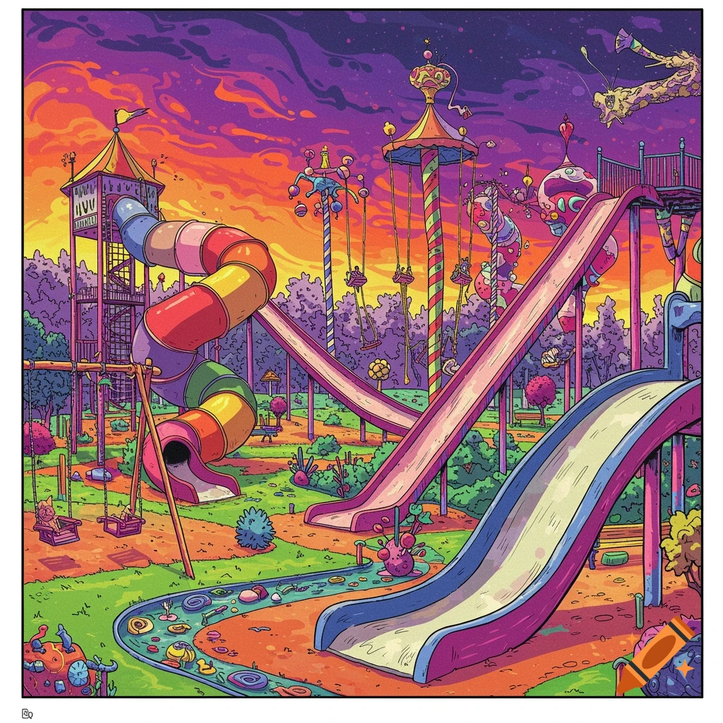 Vibrant, surreal playground with colorful slides, swings, and bizarre elements under a dreamlike purple and orange sky in a digital art style.