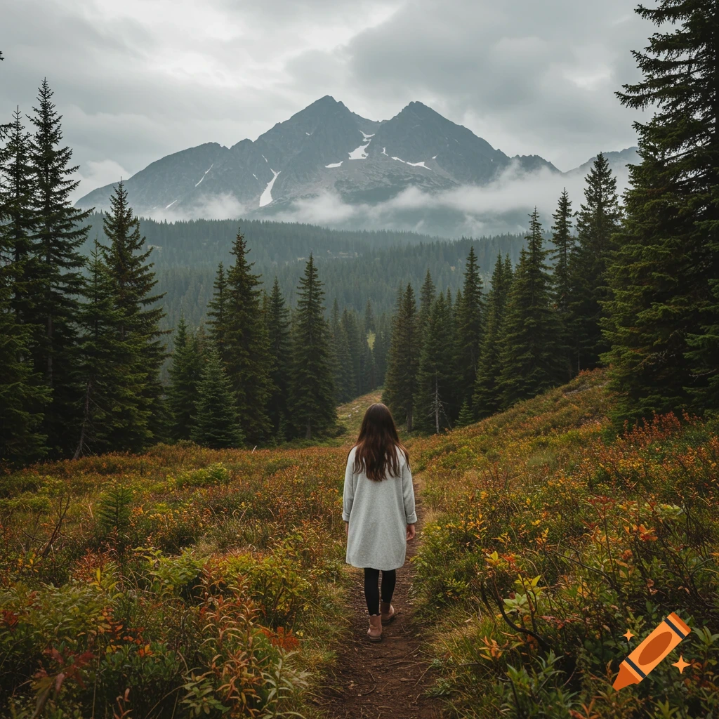 Person walks on a path through a mountain forest landscape under a cloudy sky.