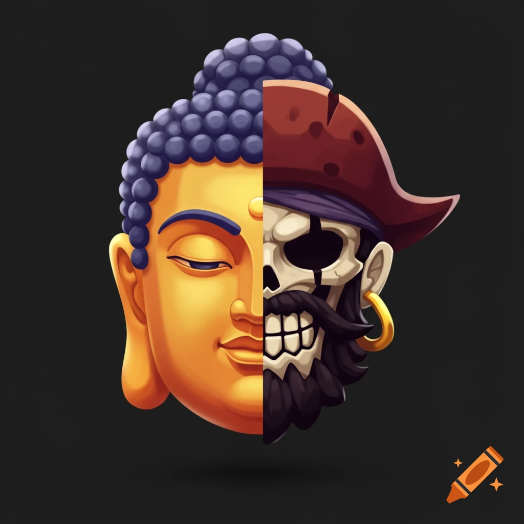 Illustration of a head split in half: Buddha on the left, pirate skeleton on the right, on a dark background.