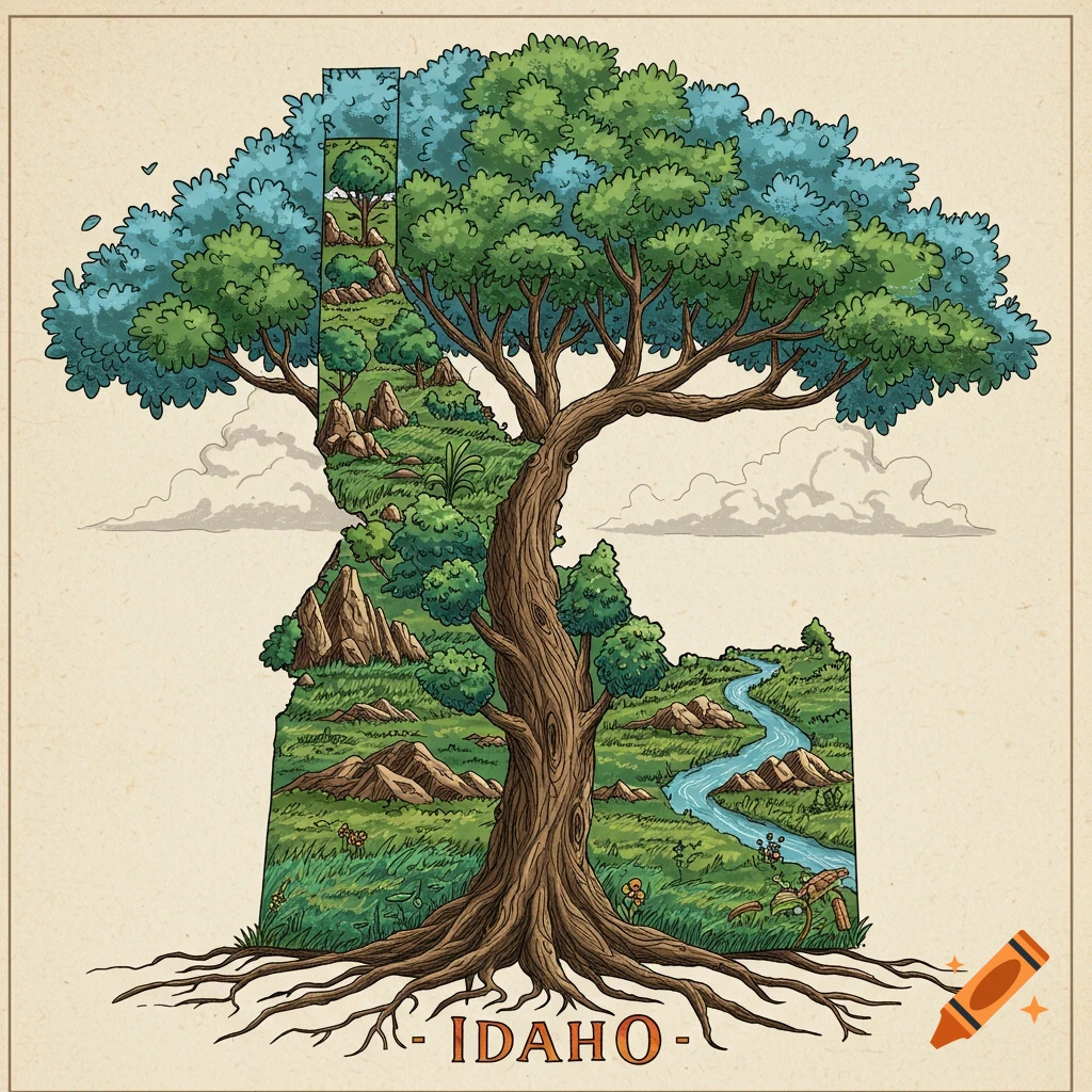 Illustration of the state of Idaho as a tree filled with mountains, forest, and river landscape, with roots spelling IDAHO.