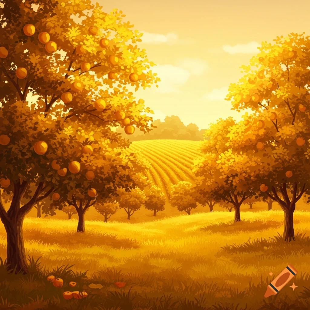 A golden apple orchard landscape at sunset