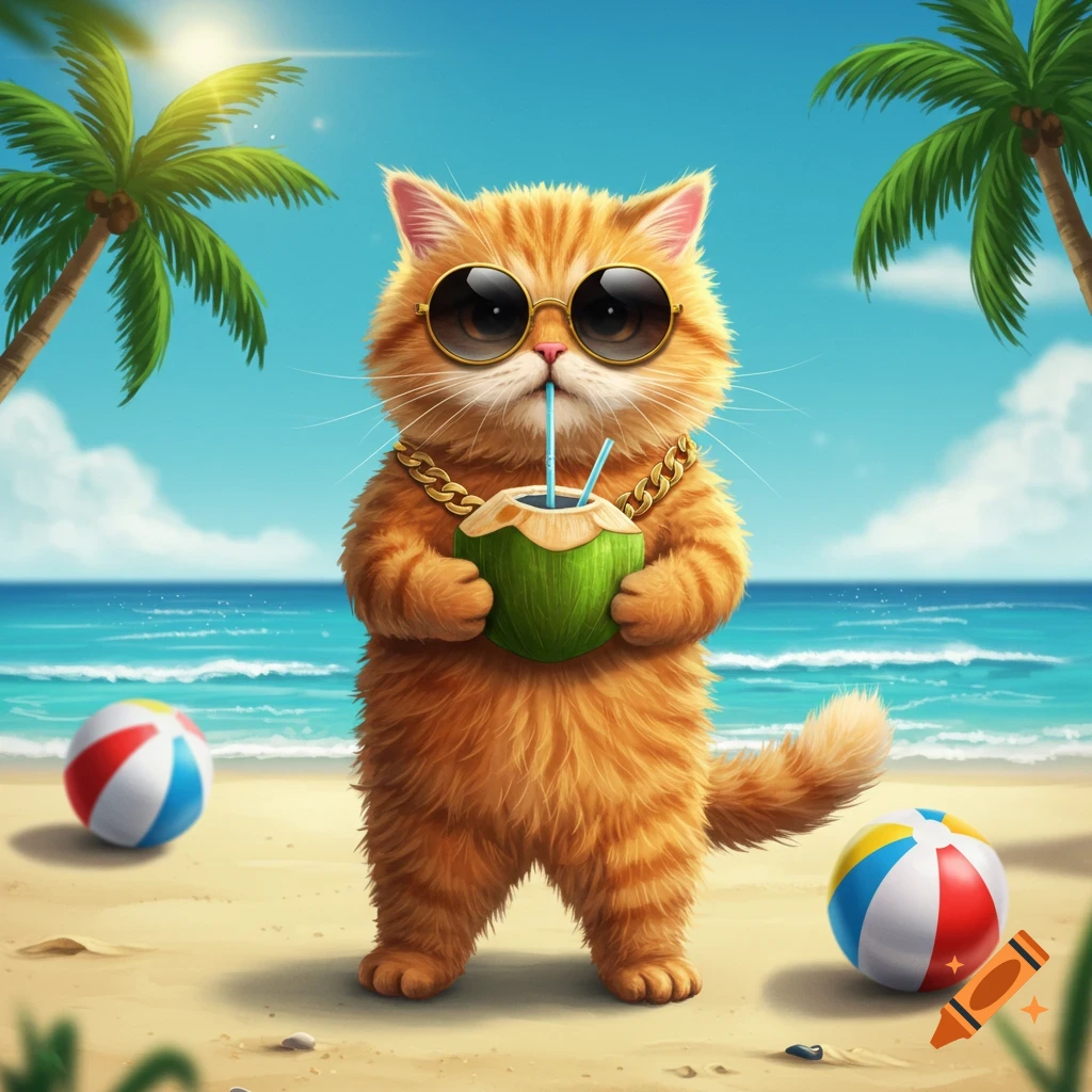 An orange cat wearing sunglasses and a gold chain is drinking from a coconut on a sunny tropical beach.