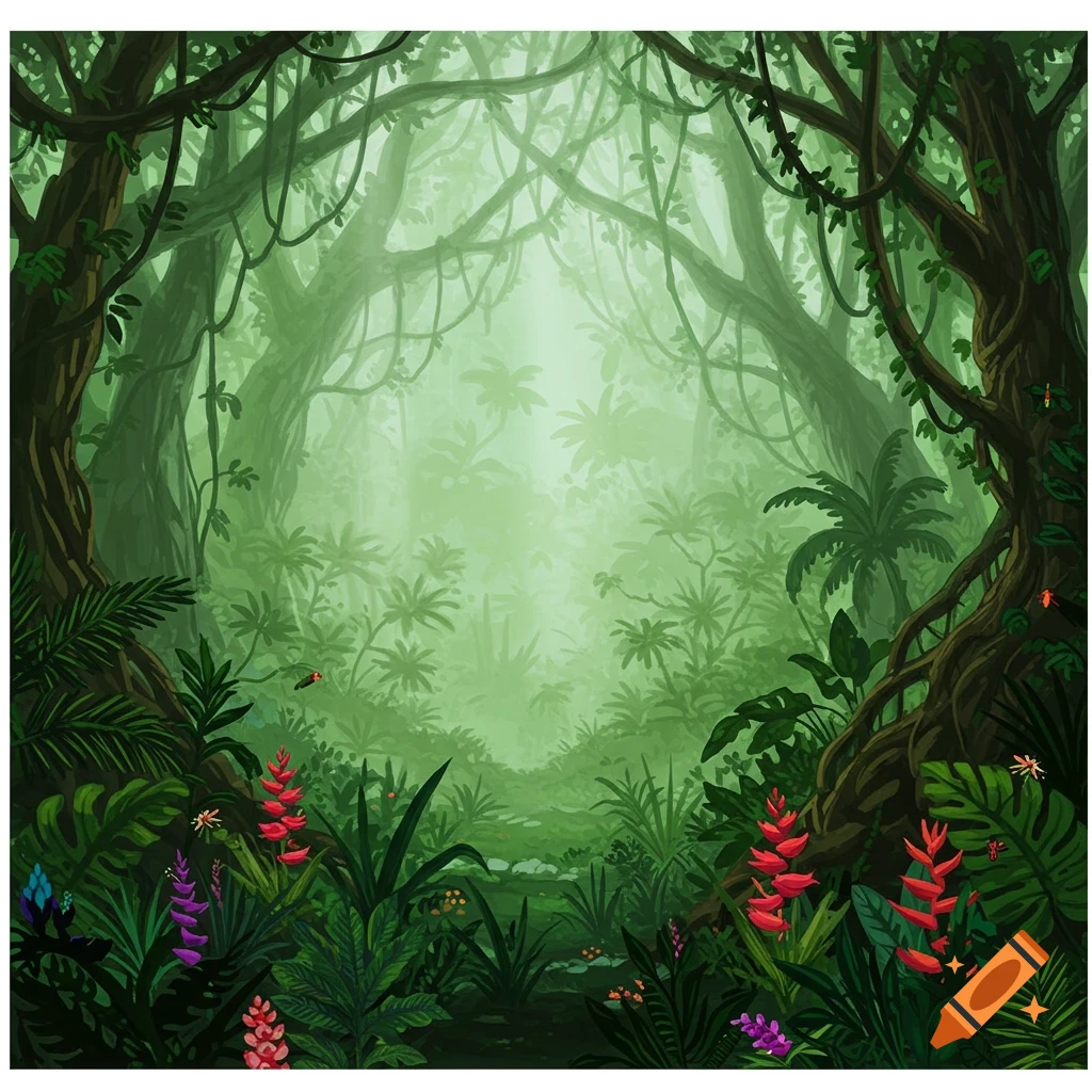 Lush, green jungle backdrop with vines and flowers