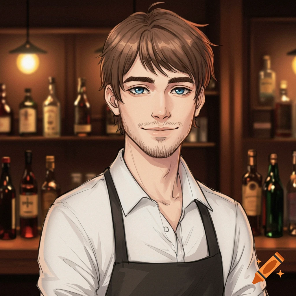 Illustration of a young man, a bartender, standing in a bar with bottles on shelves in the background.