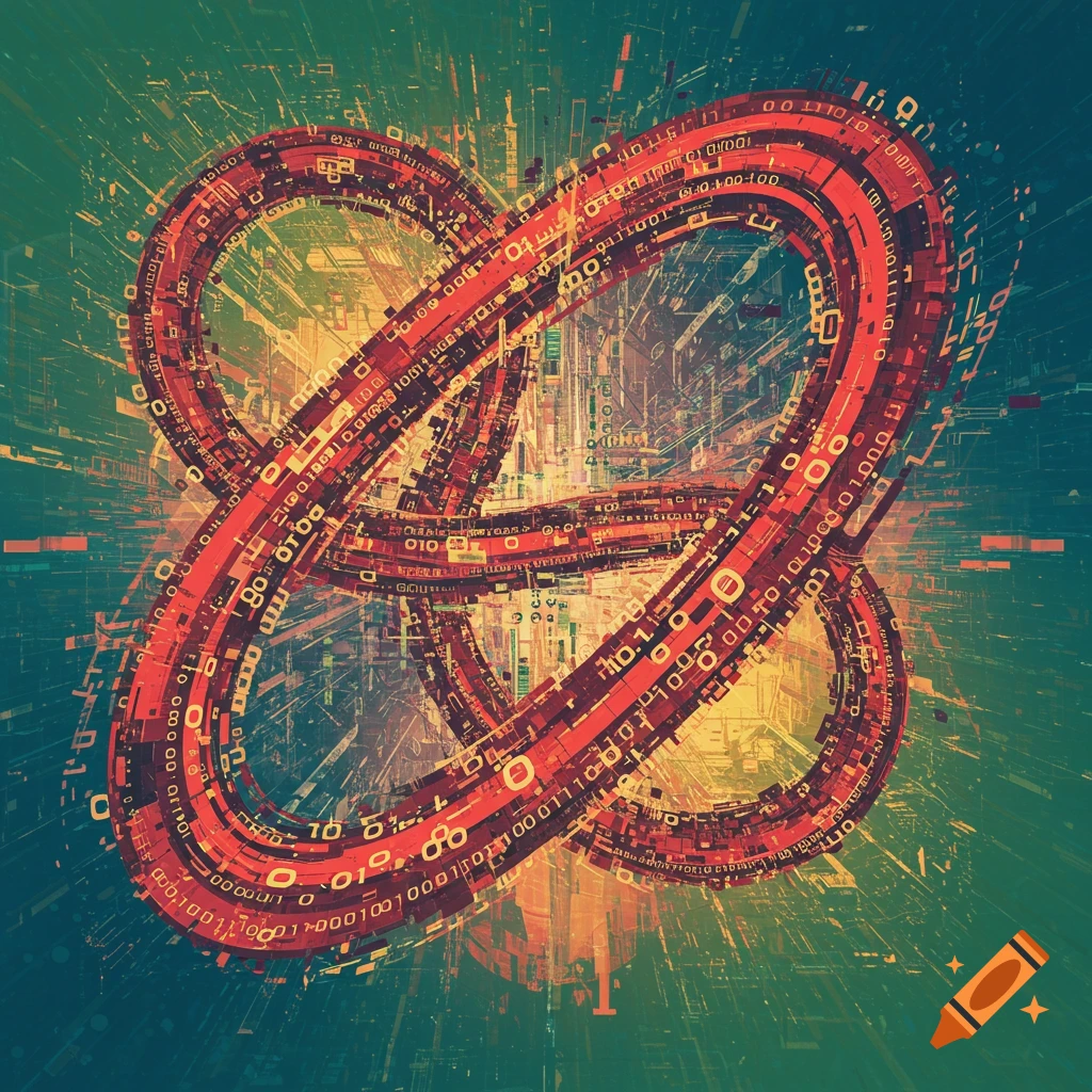 Abstract digital art of a looping structure made of binary numbers and circuit elements.