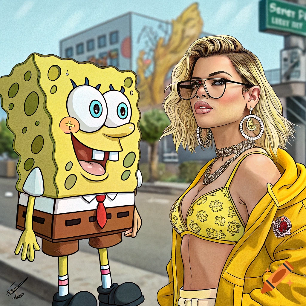 SpongeBob SquarePants stands next to a woman resembling Chanel West Coast in a street scene.