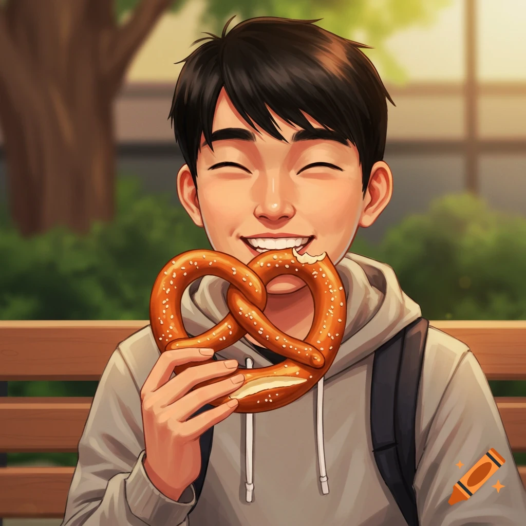 A young student happily eats a large pretzel.