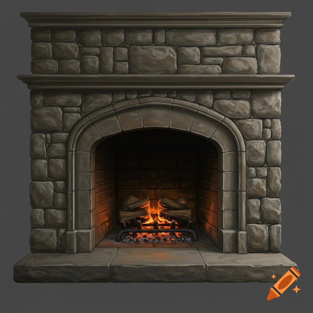 Stone fireplace with a fire burning