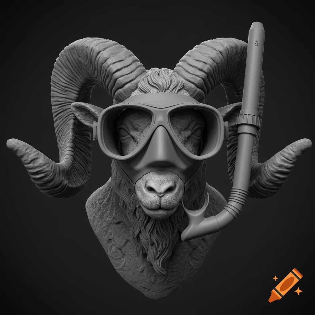 Grayscale 3D render of a ram head wearing a scuba mask and snorkel.
