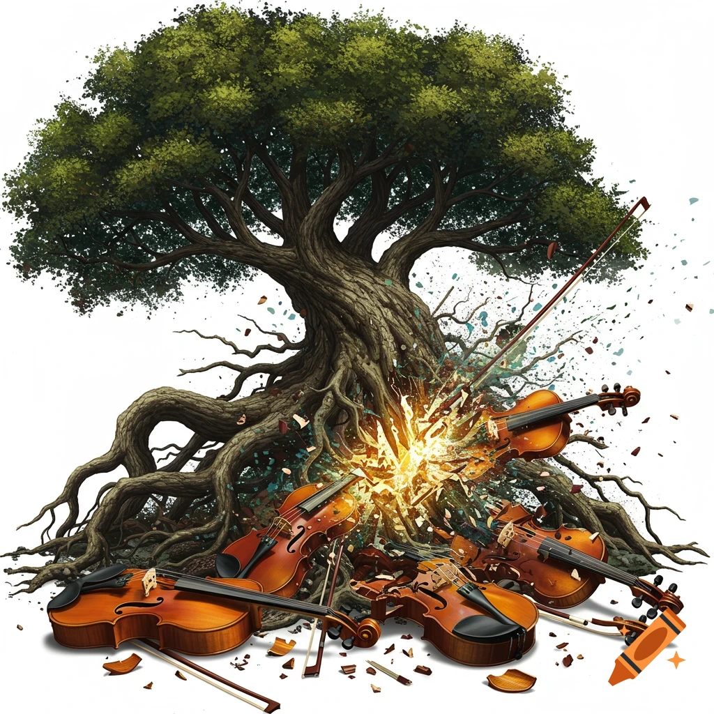 A large tree with roots exploding through several violins.