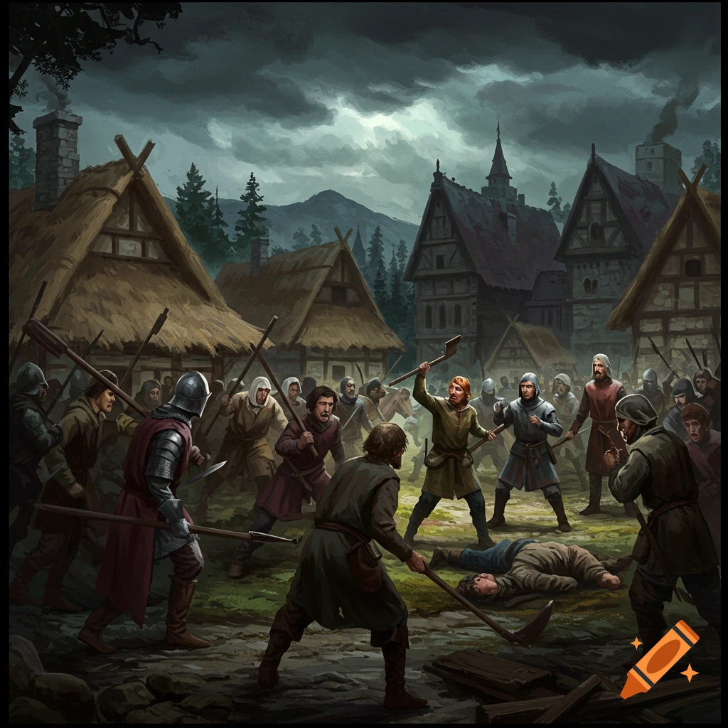 A serf uprising is taking place on a village street.