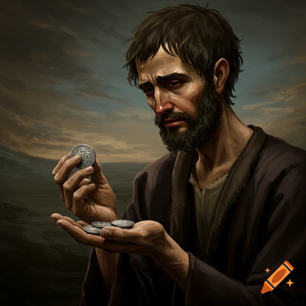 A sad man in historical clothes holds coins.