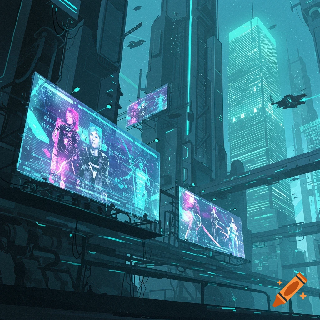 A futuristic city featuring towering buildings, aerial vehicles, and expansive screens showcasing figures.