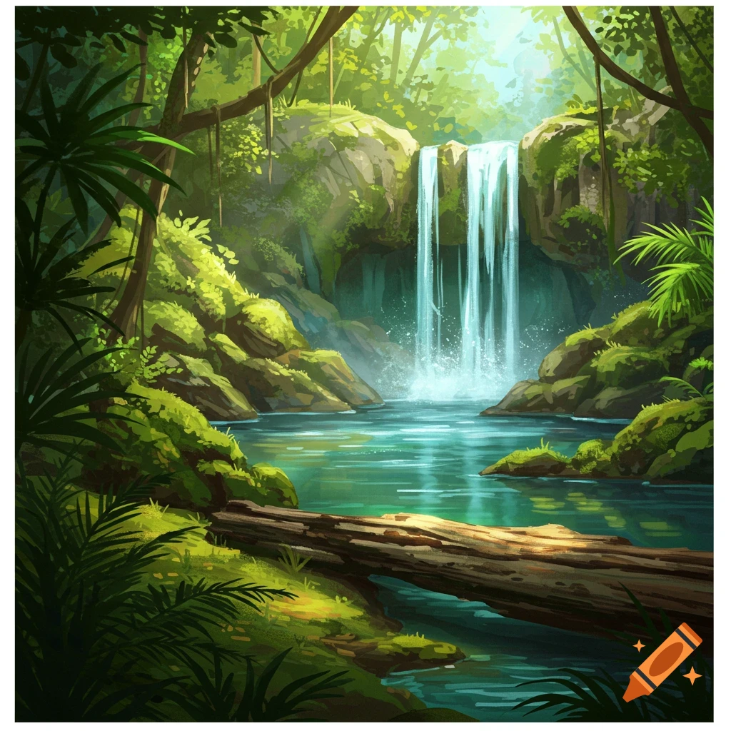 A jungle waterfall cascades into a pool, with a fallen log across the foreground.