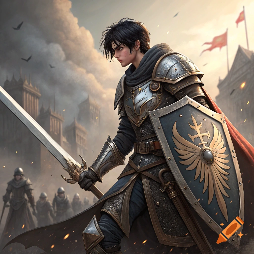 A young man in elaborate fantasy armor holds a sword and shield in a battle scene.