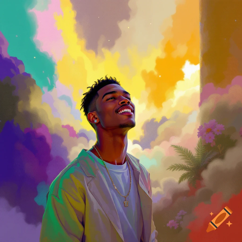 A man is smiling, looking up at a sky with colorful, abstract clouds.