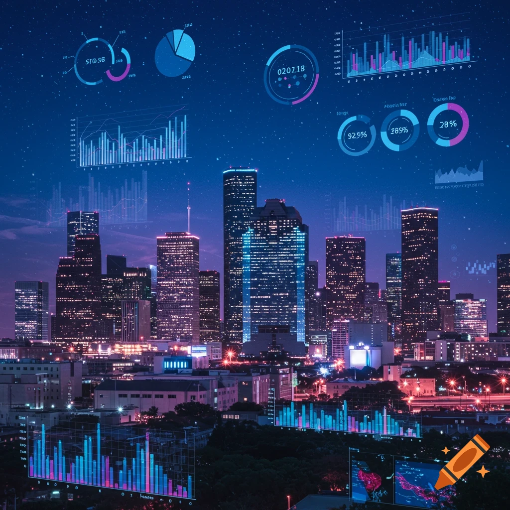 Houston skyline at night with overlaid data charts and graphs