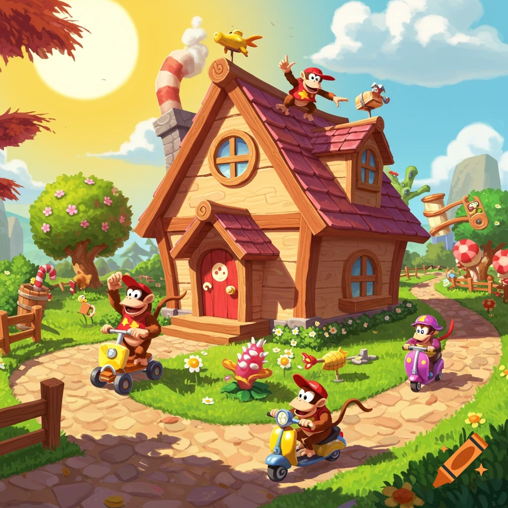 Cartoon monkeys ride scooters near a colorful house in a sunny landscape.