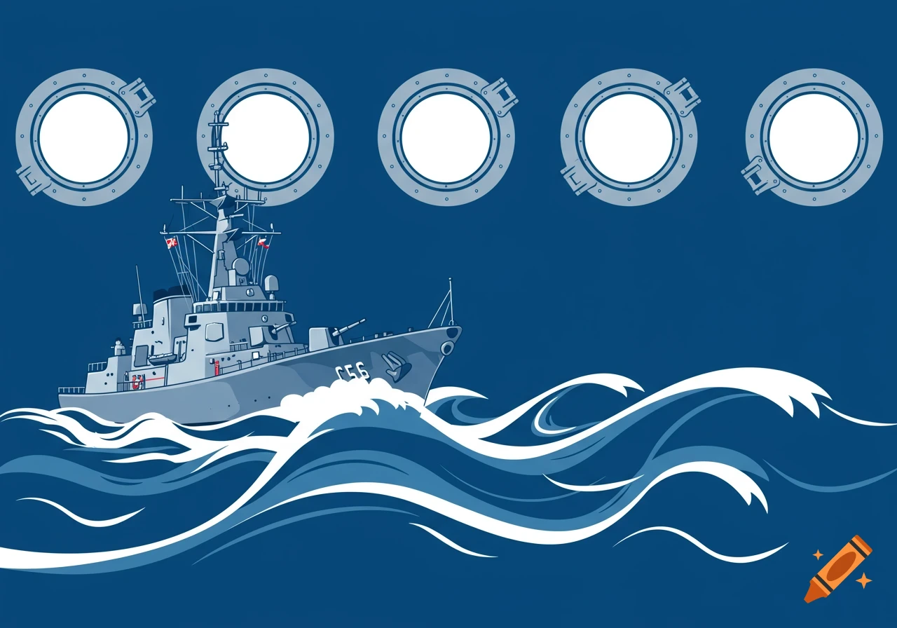 Illustration of a warship sailing on waves with portholes in the background.