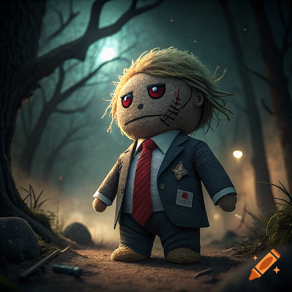 Voodoo doll resembling Donald Trump in a dark forest