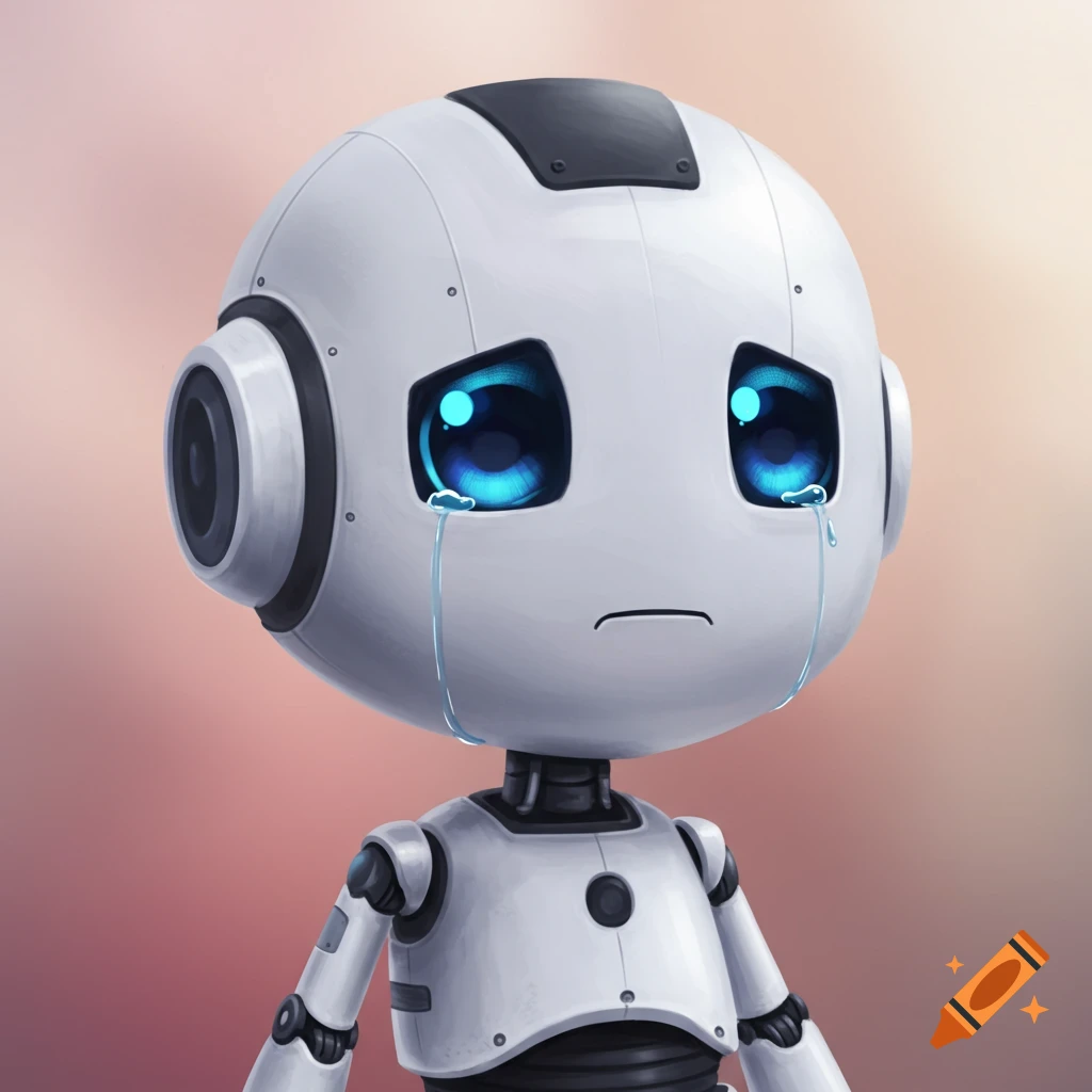 A cute robot with large blue eyes is crying.