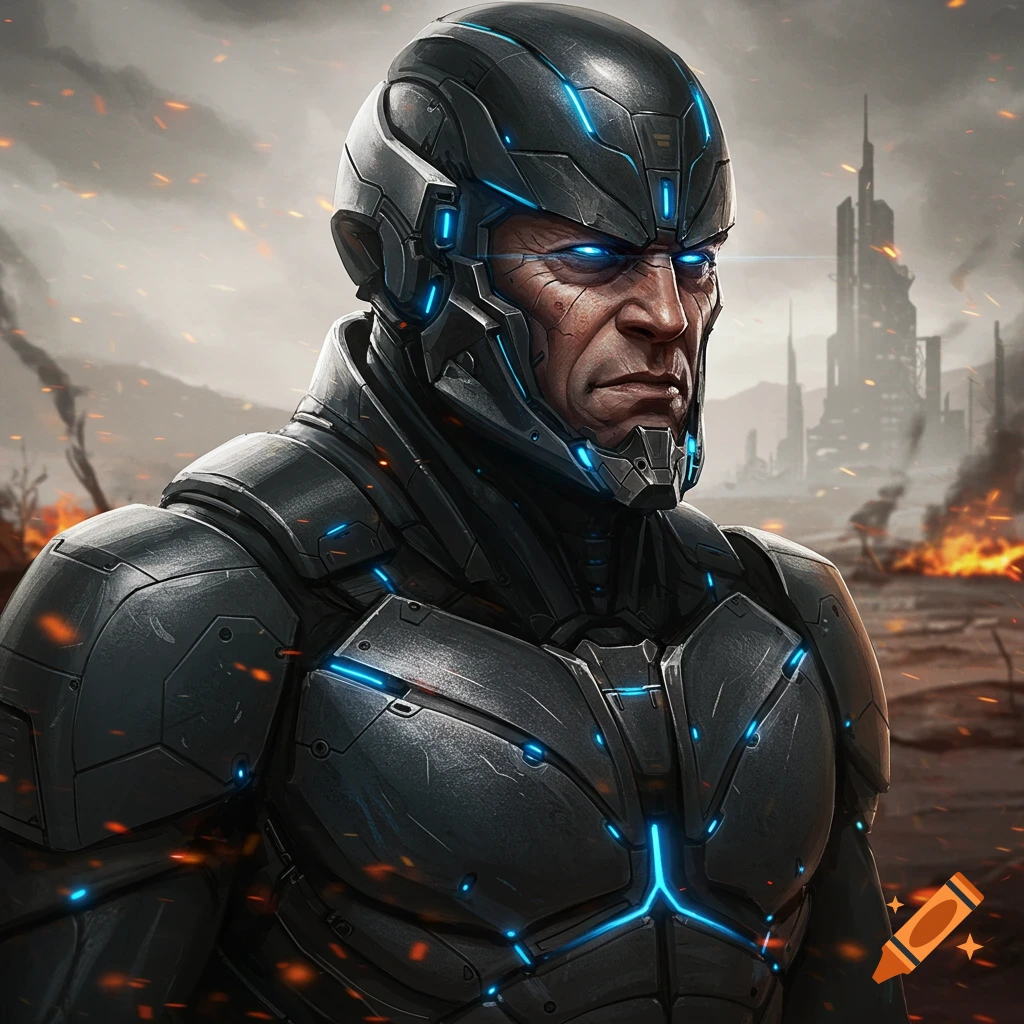 A man in black futuristic armor with blue lights stands in a war-torn city.