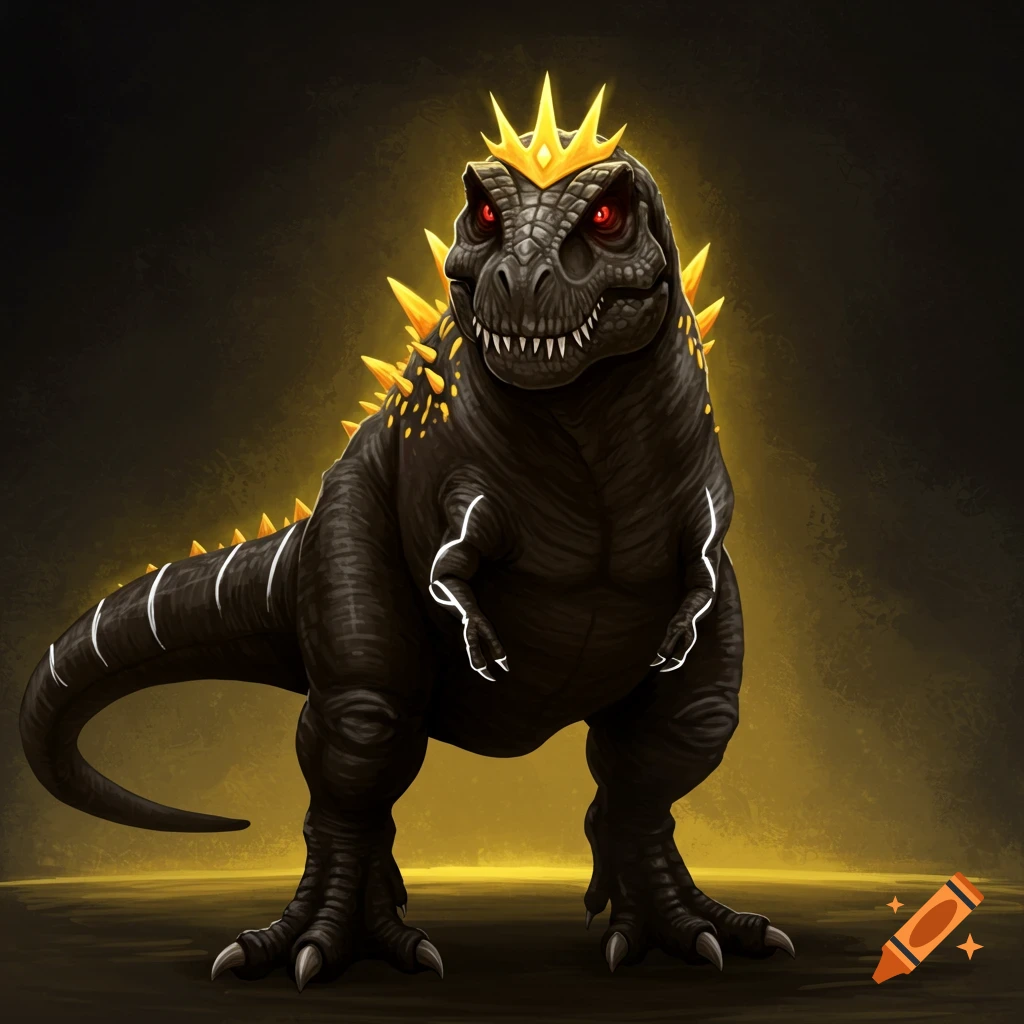Stylized black dinosaur with red eyes, yellow spikes, and a gold crown.