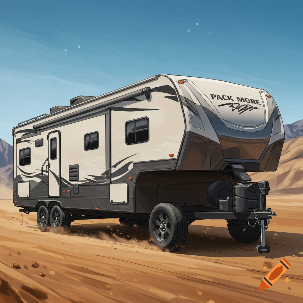 A toy hauler RV drives through a desert landscape.