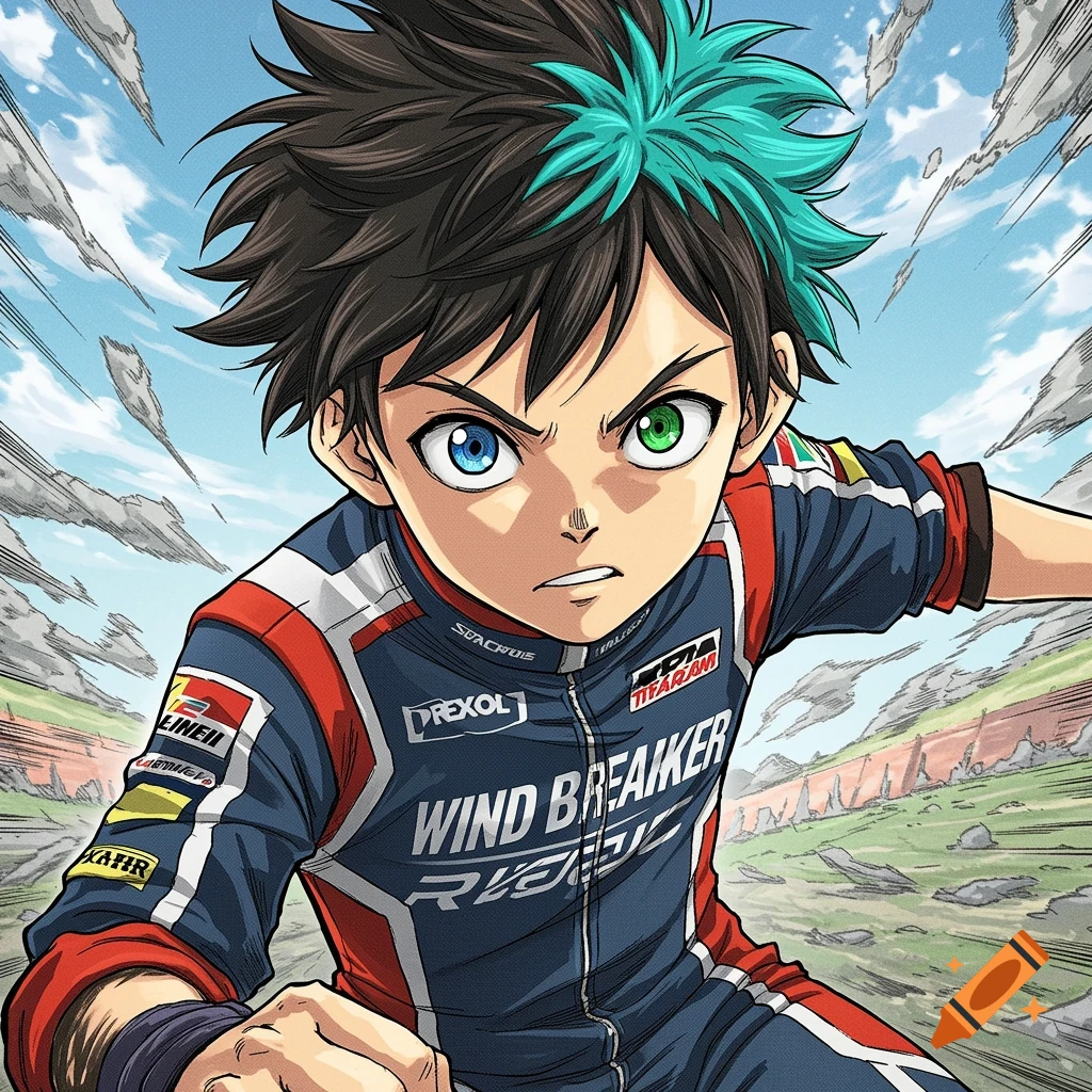 Young anime boy in racing suit with blue and green eyes in action pose.