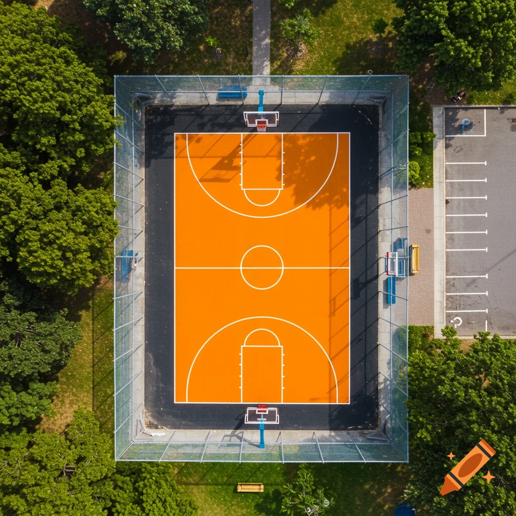 Aerial view of an orange basketball court next to a parking lot and trees.