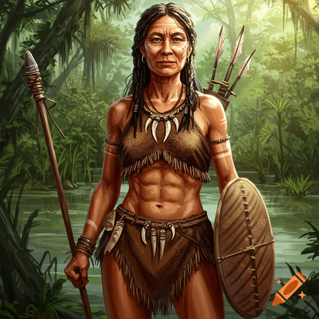 A female warrior holding a spear and shield in a jungle swamp.