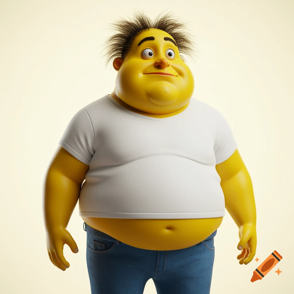 A 3D render of a comical, overweight yellow cartoon character in a white t-shirt and blue jeans.