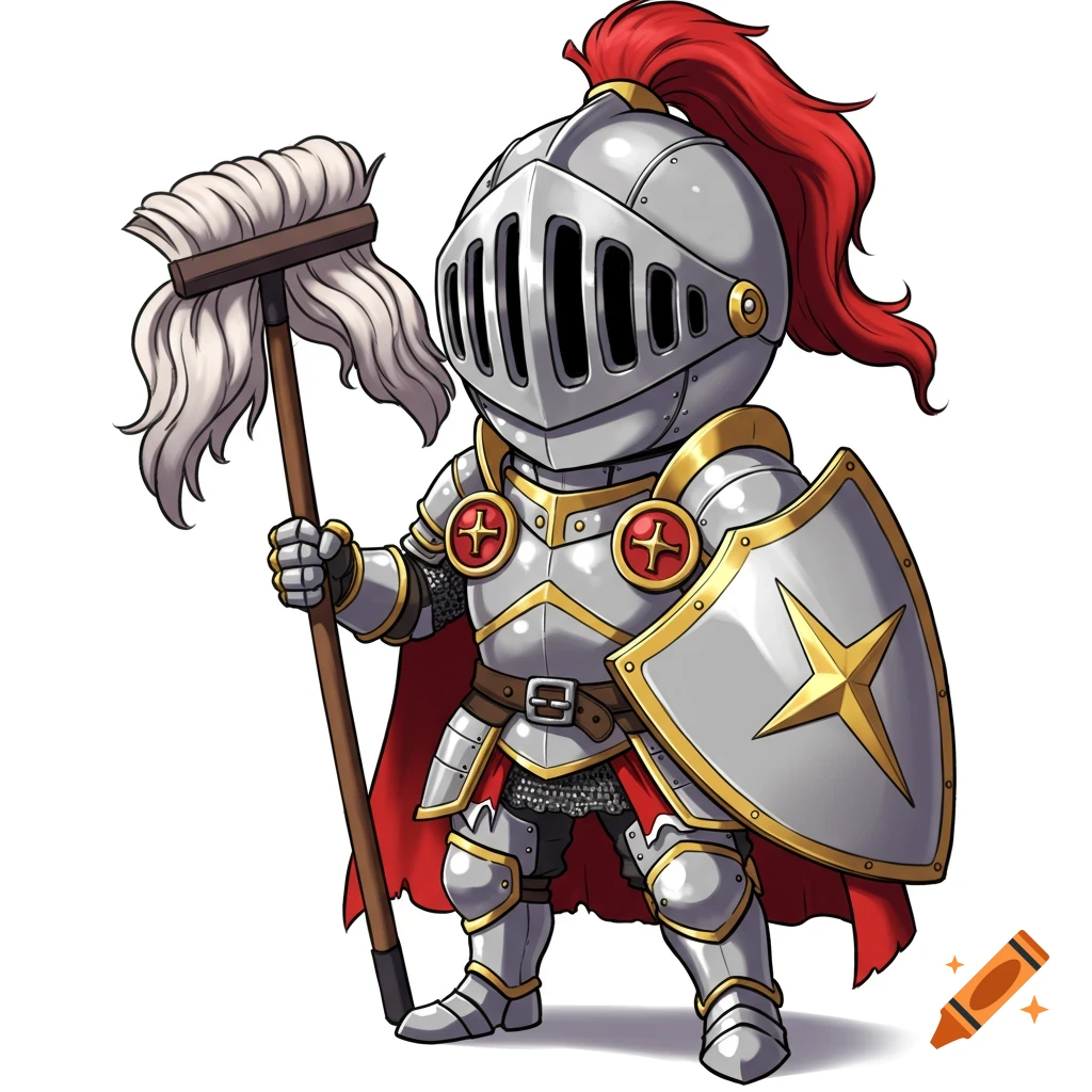 Chibi knight in silver armor holding a mop like a weapon and a shield. on  Craiyon, image size:1024x1024