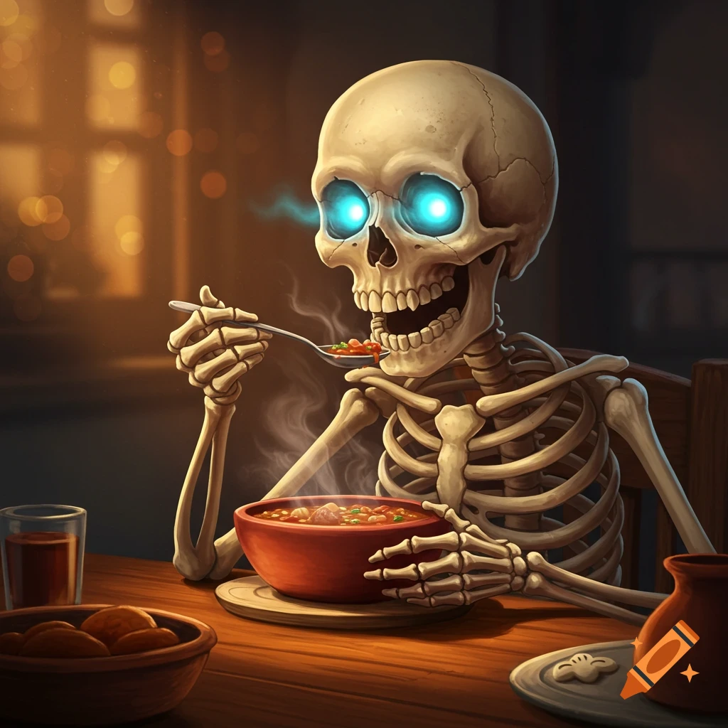 A skeleton with glowing blue eyes eating soup at a table.