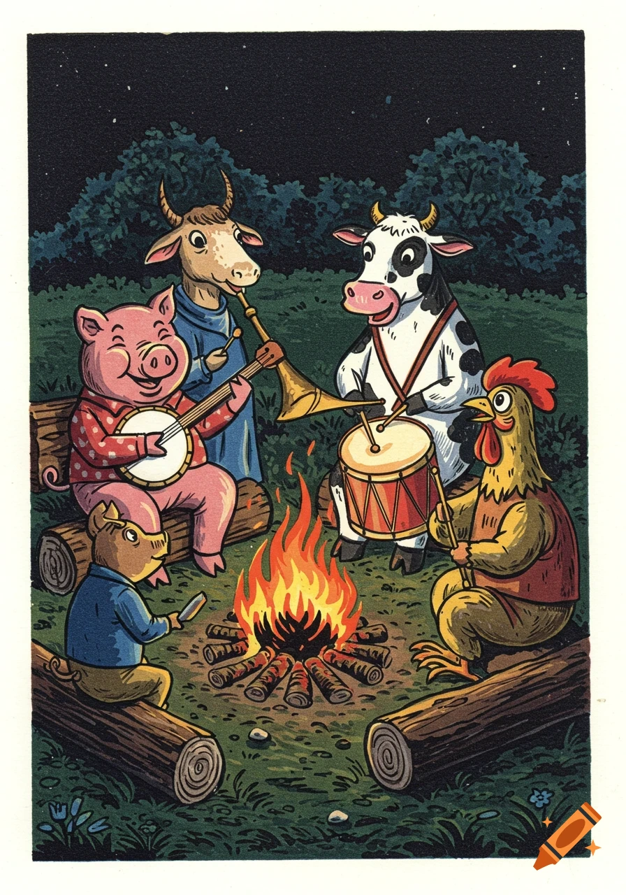 Cartoon animals play banjo, trumpet, drums around a campfire at night in an illustration style.