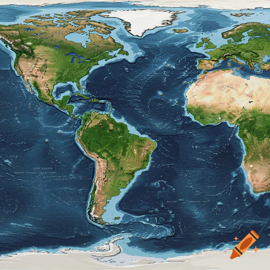 A 3D map of the world with lower sea levels, showing exposed continental shelves.