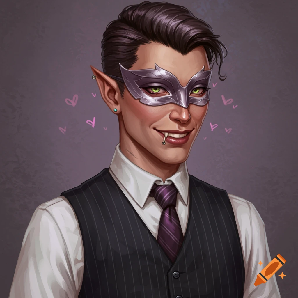 A fantasy character with elf ears and fangs is wearing a mask, vest, shirt, and tie.