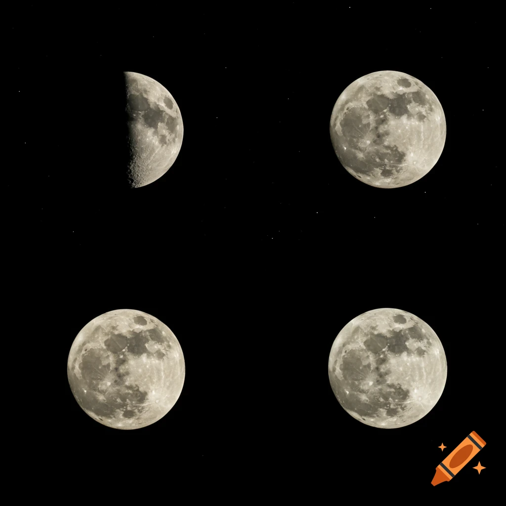 Four views of the moon against a dark sky with stars