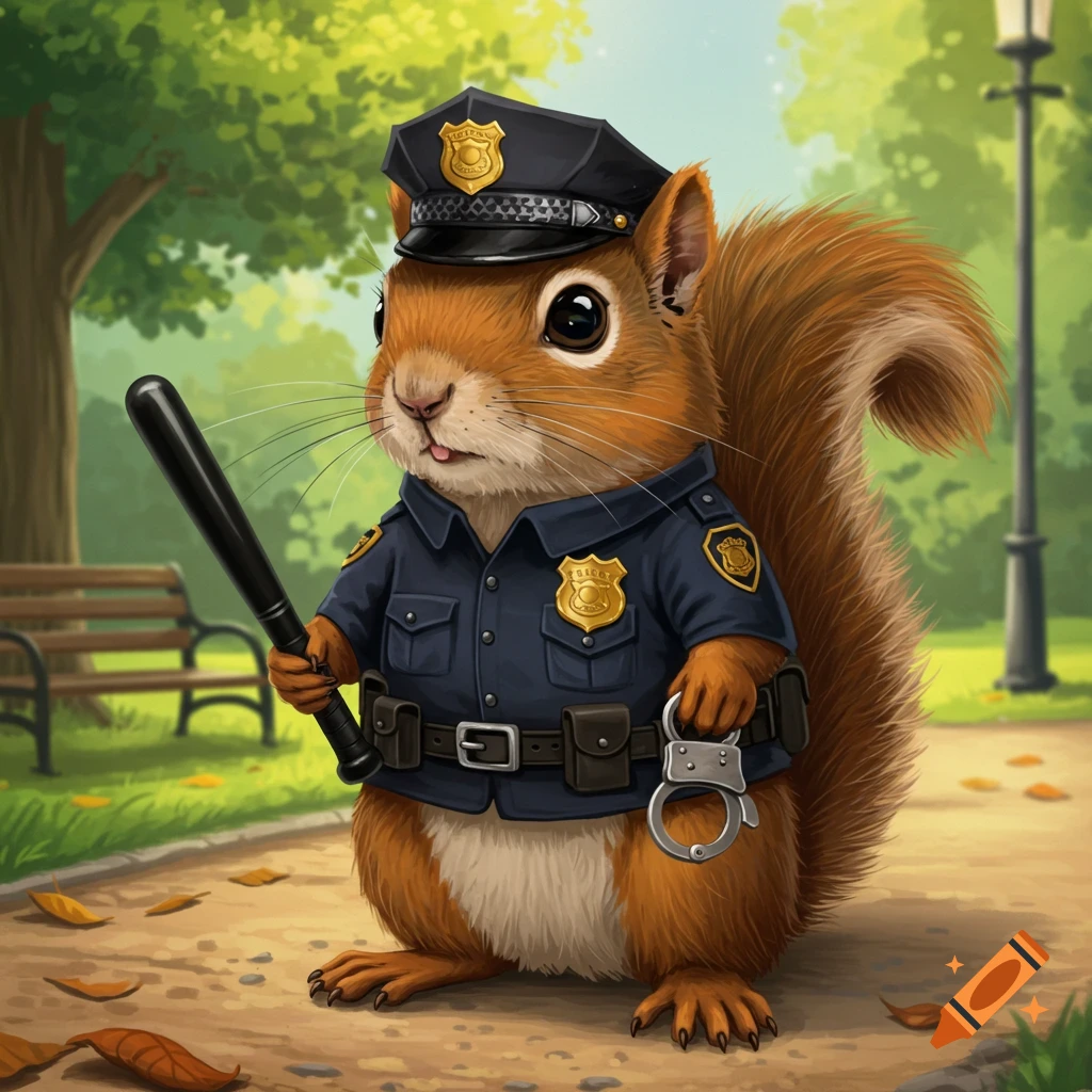 Illustration of a squirrel dressed as a police officer holding a baton and handcuffs in a park.